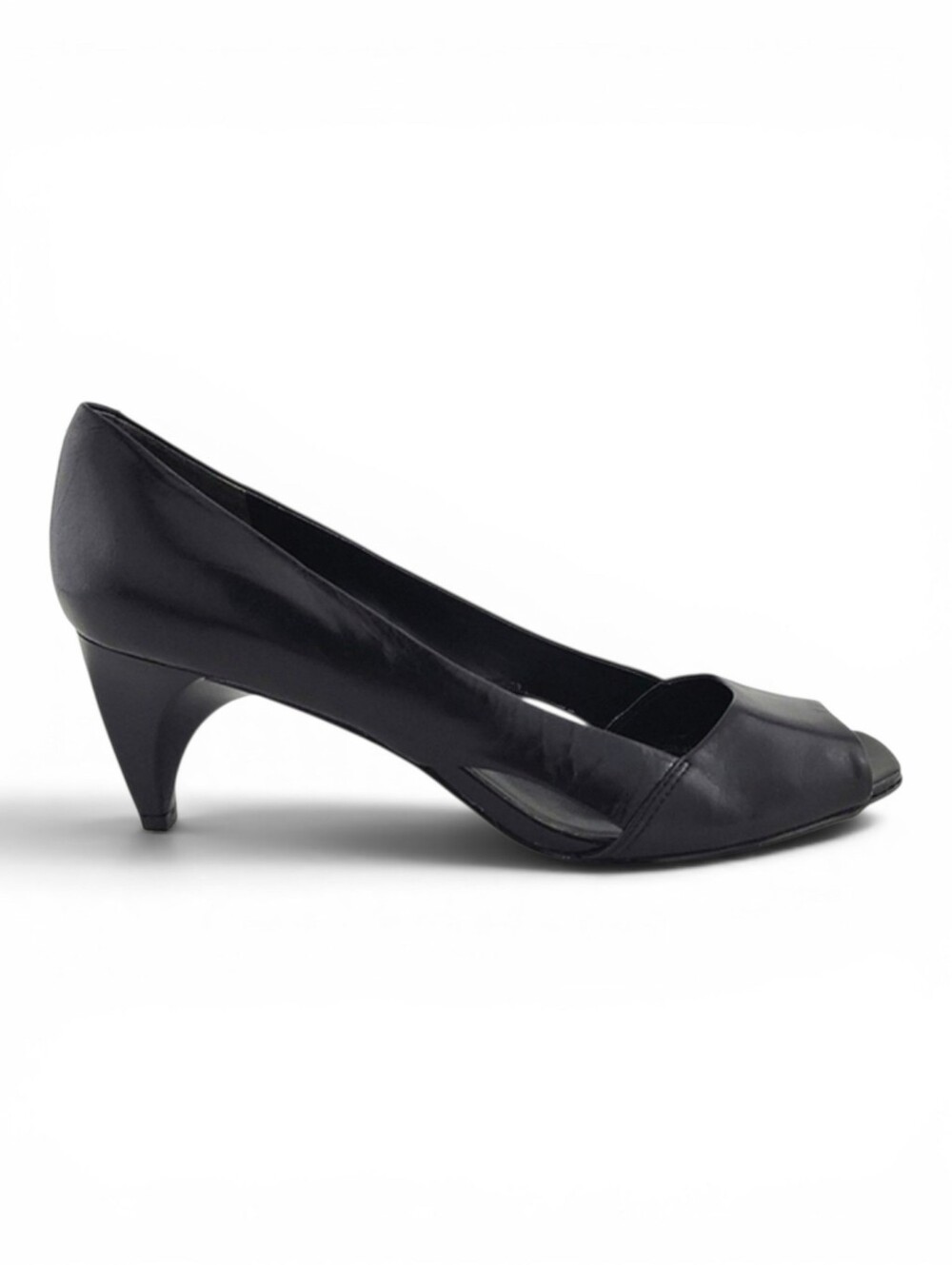 Nine West Black Leather Square Open Toe Side Cutout Patent  Heel Shoes Size 7M